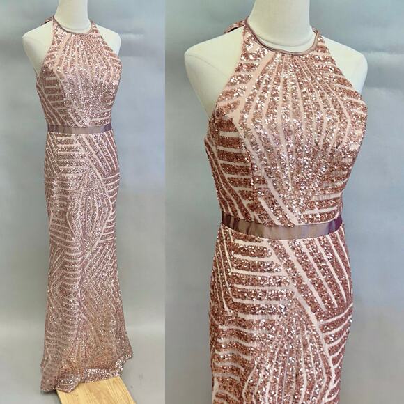 Vintage Cache Rose Gold Sequin Halter Gown Sz 6 Geometric Maxi Formal Dress Y2K - Picture 2 of 16